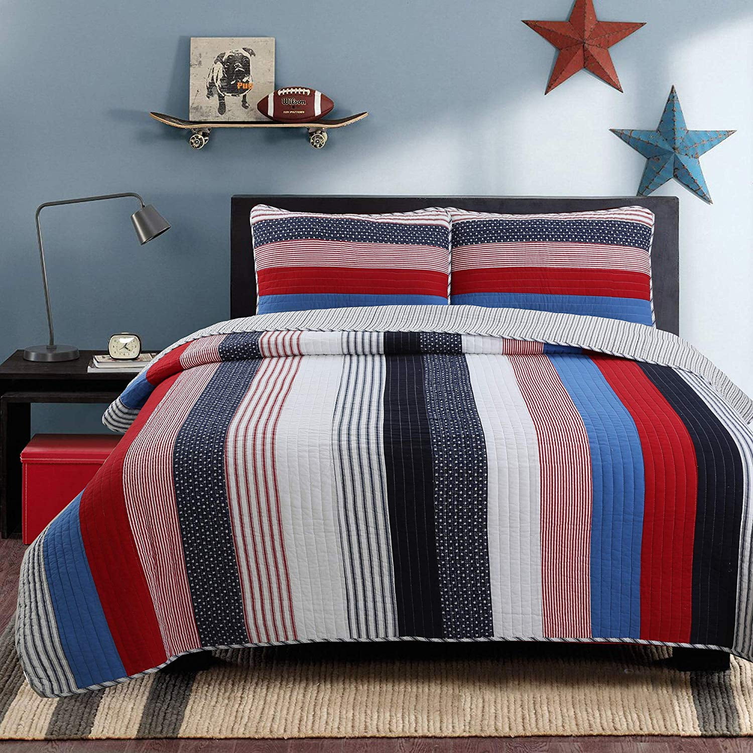 Cozy Line Ettore Navy/Red Star Stripe 100 Cotton Quilt Set, Twin Set