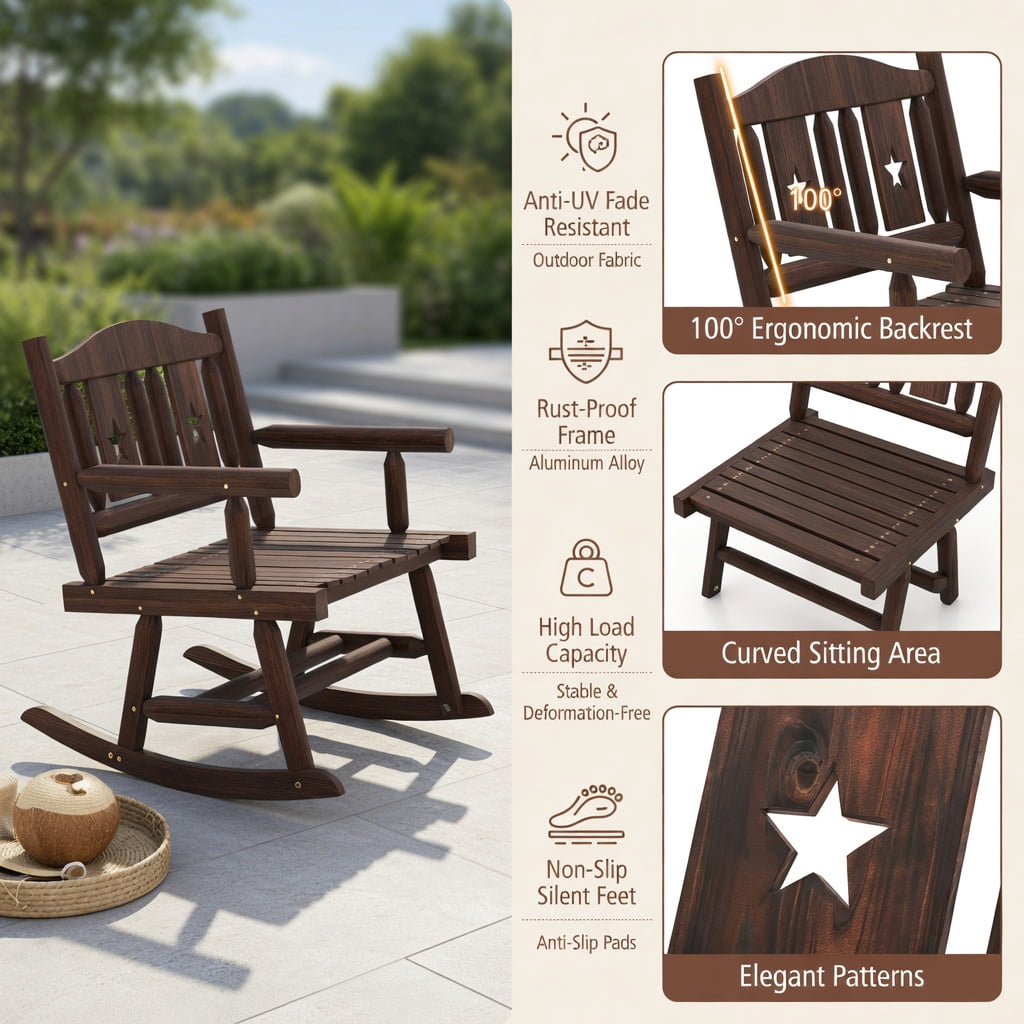 Hommoo 2-Person Wooden Rocking Bench for Patio, Backyard & Porch, Ergonomic Double Rocker Loveseat with Carbonized Pine & Fir Frame, Rustic Brown