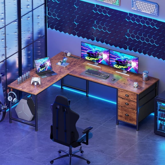 Brown 63 Inch L Shaped Corner Computer Desk with Power Outlets and USB C Ports File Fabric Drawers Storage Workstation for Home Office Rooms