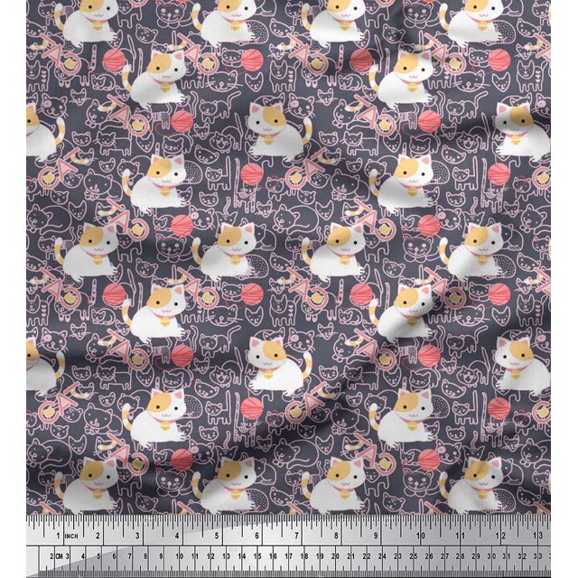 Soimoi Moss Georgette Fabric Wool & Cat Kids Decor Fabric Printed Yard 42 Inch Wide