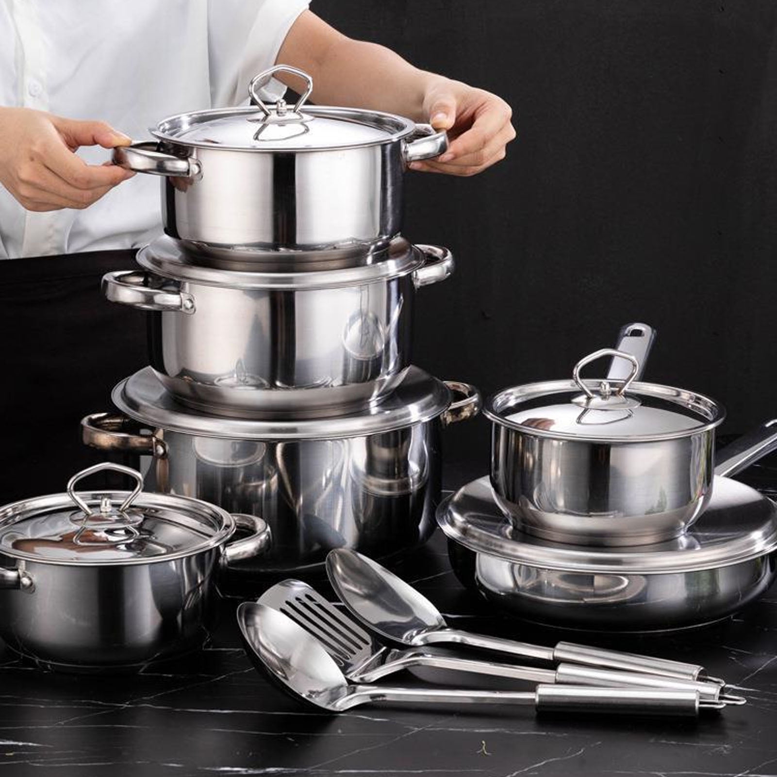 15 Piece Stainless Steel Cookware Set, Pots and Pans Set with Lids Non Toxic, Kitchen Induction Cookware with Utensil Sets For Oven & Dishwasher ,Heavy Premium Kitchen Cooking
