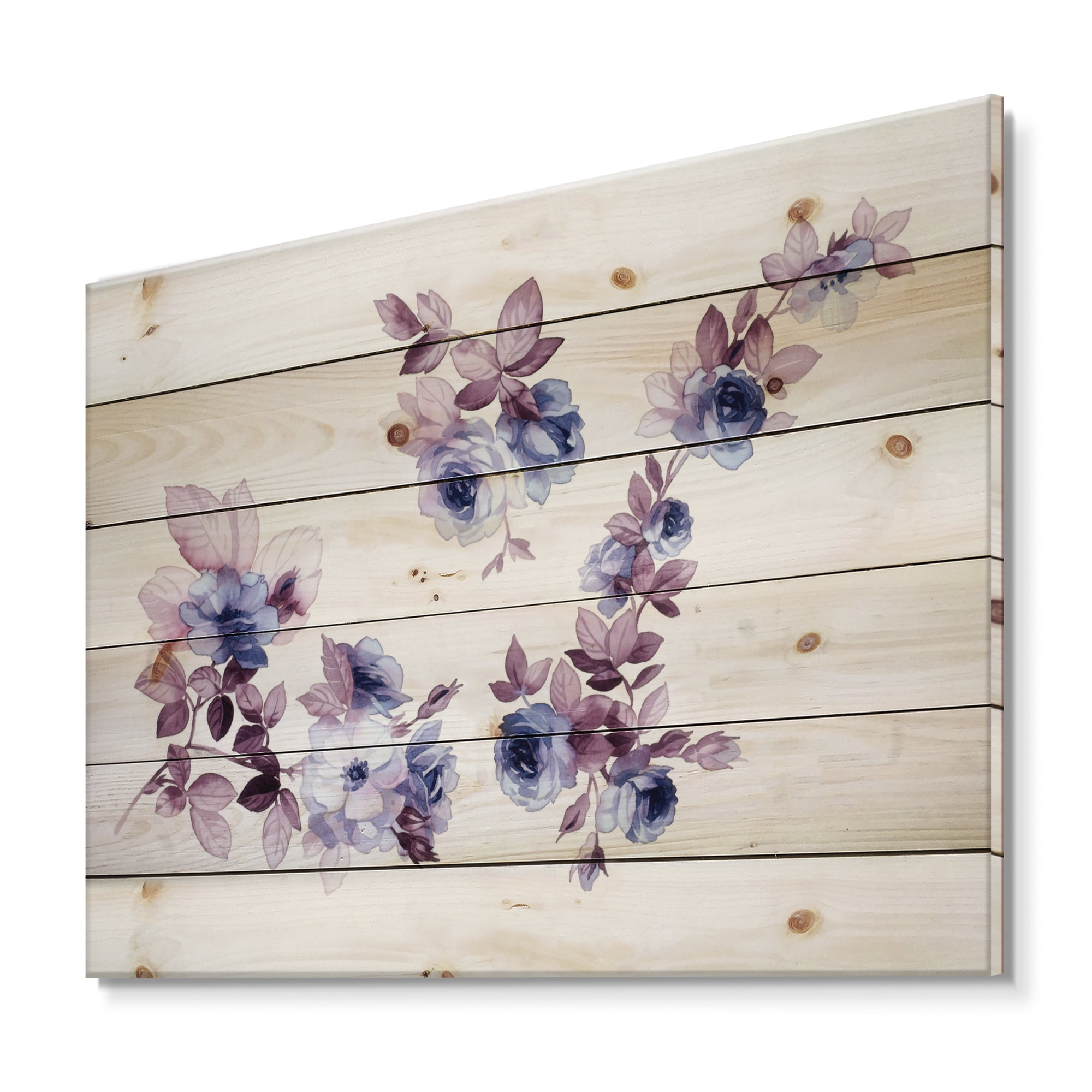 Designart 'Purple Wildflowers On White I' Traditional Print on Natural Pine Wood