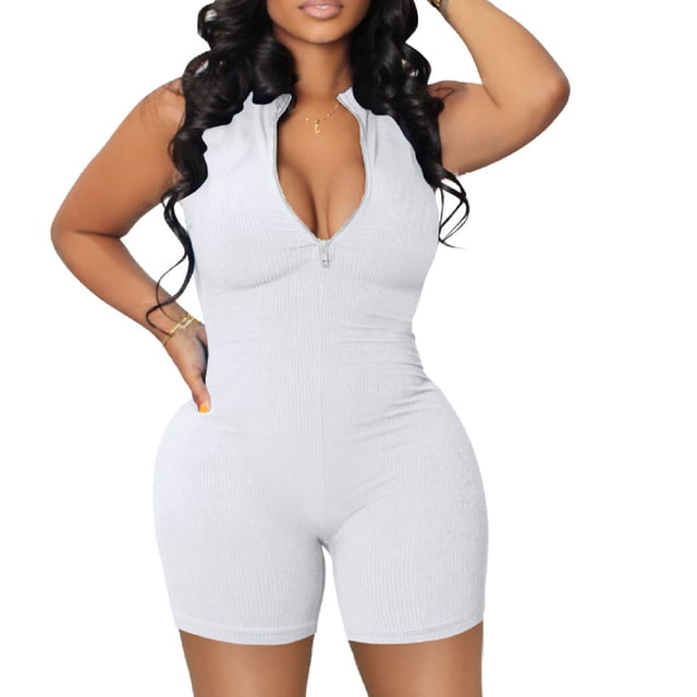 LOVZFMLL Combinaison à Col Haut avec Fermeture Éclair pour Femmes Combinaison Colorée Shorts Combinaison Serrée Blanche P