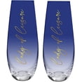 thumbnail image 1 of Slant Collections Lady of Leisure Stemless Flute Champagne Glass in Dark Blue Tinted Glass and Gold | 11.8 oz.| Pack of 2, 1 of 2