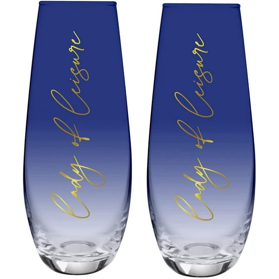 Slant Collections Lady of Leisure Stemless Flute Champagne Glass in Dark Blue Tinted Glass and Gold | 11.8 oz.| Pack of 2