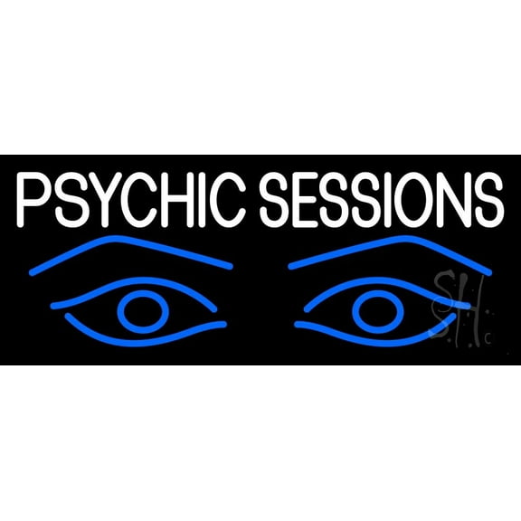 White Psychic Sessions With Blue Eye LED Neon Sign 10" Tall x 24" Wide - inches Black Square Cut Acrylic Backing, with Dimmer - Bright and Premium built indoor LED Neon Sign for Storefront.