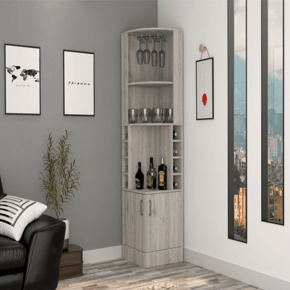 We Have Furniture Bar Cabinet Papprika, 8 Wine Cubbies, Double Door, Light Gray Finish