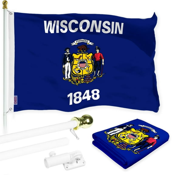 G128 Combo Pack: 6 Ft Tangle Free Aluminum Spinning Flagpole (White) & Wisconsin WI State Flag 3x5 Ft, LiteWeave Pro Series Printed 300D Polyester | Pole with Flag Included