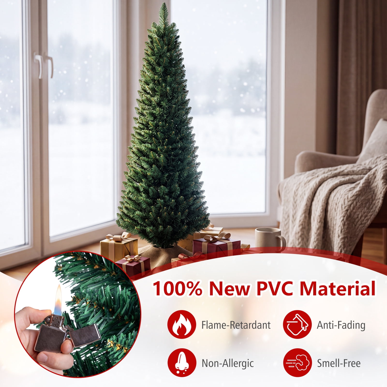 Costway 5Ft PVC Artificial Pencil Christmas Tree Slim Stand Green