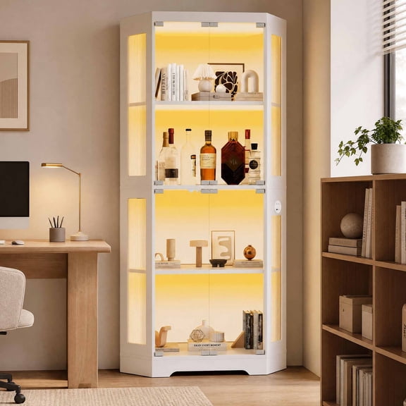 Glass Display Cabinet, 4-Tier Curio Cabinets with 3 Color Lights, Corner Curio Cabinets for Collectibles/Toys/Books, Storage Cabinets with Human Body Sensor & Charging Ports for Living Room