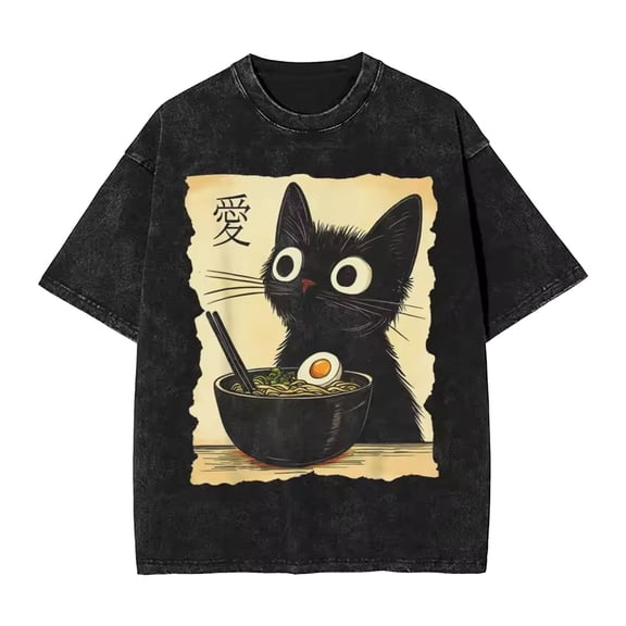 Vintage Washed Japanese Style Cat Graphic T Shirts for Men Women Casual Short Sleeve Crew Neck Tees