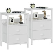 Nightstands Set 2, End Table with 2 Fabric Drawers, Bedside Table with 2 Hooks, Open Shelf Side Sofa Table for Bedroom/Living