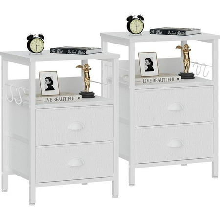 Nightstands Set 2, End Table with 2 Fabric Drawers, Bedside Table with 2 Hooks, Open Shelf Side Sofa Table for Bedroom/Living
