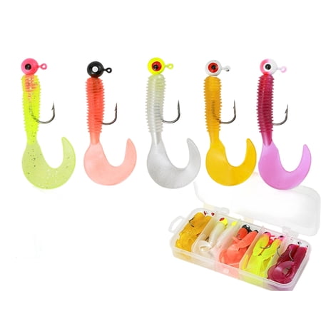 Single Tail Grub Soft Plastic Fishing Bait 20 Pack Pre-Rigged Jig Head Hook Set for Bass Walleye Trout Freshwater Saltwater Angling