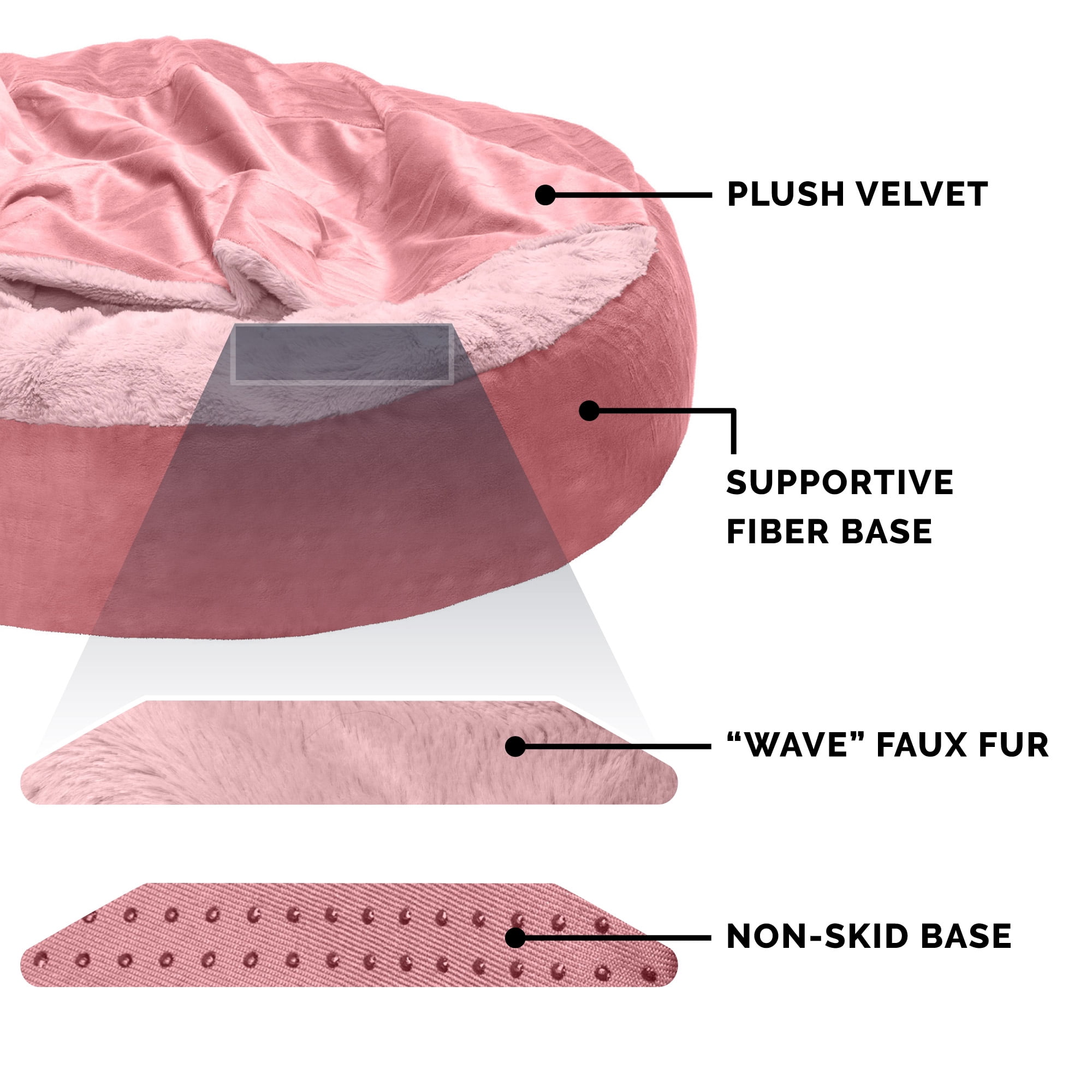 Furhaven Velvet & Wave Fur Hooded Donut Bed, Dark Gray & Rose Pink, Small