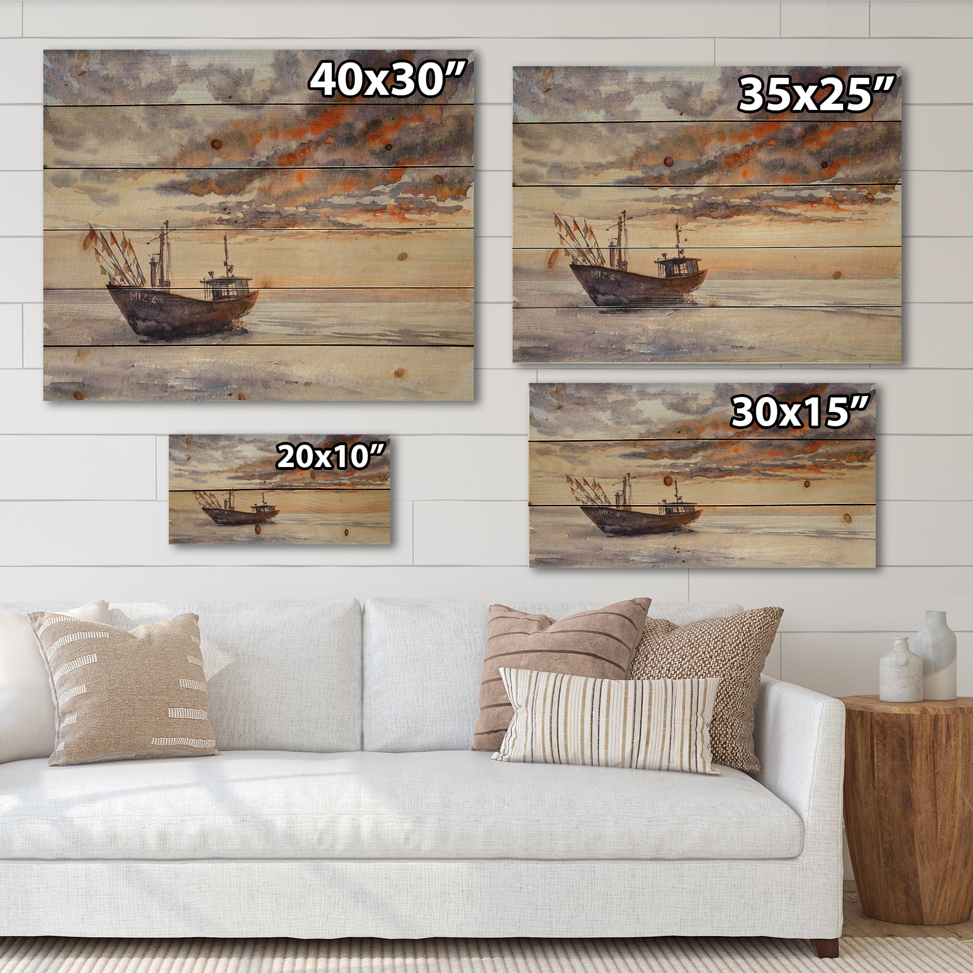 Designart 'Wooden Fishing Boat On The Baltic Shore With Evening Clouds' Nautical & Coastal Print on Natural Pine Wood