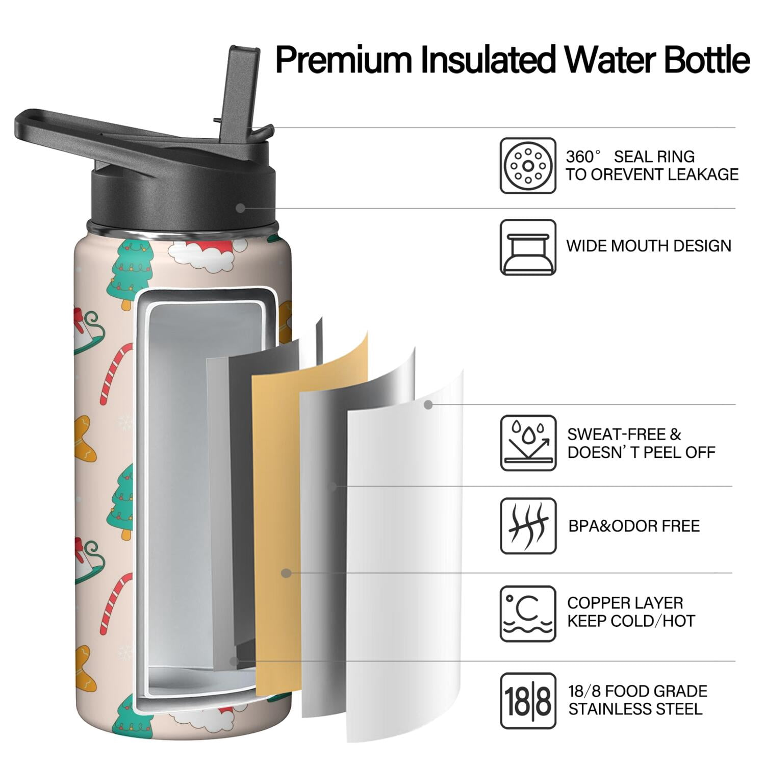Christmas 18 oz Insulated Stainless Steel Water Bottle with Straw & Cleaning Brush , Leakproof, BPA-Free, 304 Stainless Steel, Wide Mouth, Travel Mug for Car, Gym, Office