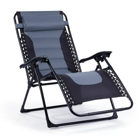 Backyard Expressions Deluxe XL Padded Recliner Chair – Ergonomic Anti-Gravity Lounger with Folding Design, Side Tray, and Adjustable Headrest