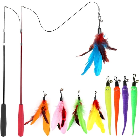 Asunby Cat Toys for Indoor Cats, Interactive Cat Toy 2PCS Retractable Wand Toy and 9PCS Cat Feather Toys Refills, Funny Kitten Toys Cat Fishing Pole Toy for Bored Indoor Cats Chase and Exercise