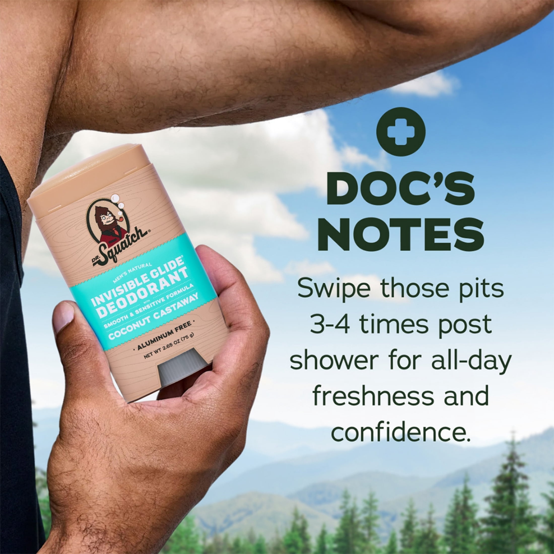 Dr. Squatch Mens Invisible Glide Deodorant Stick, Natural Aluminum Free Deodorant for Men, Coconut Castaway, 2.65 Oz
