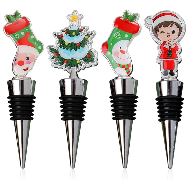 Tapones de botella de vino de Navidad, 4 Uds., reutilizable, corcho para botella de fiesta de Navidad, tapón de vino, estilo mixto