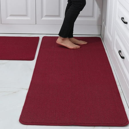 

COSY HOMEER 24x35 Inch/24X60 Inch Kitchen Rug Mats Made of 100% Polypropylene Strip TPR Backing 2 Pieces Soft Kitchen Mat Specialized in Anti Slippery and Machine Washable Red C48