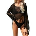 thumbnail image 3 of Maqroz Mesh Cover Up Women Long Sleeve Beach Tunic Fringe Trim Hollow Out Swimsuit Coverup Summer Vacation Cropped Top, 3 of 10