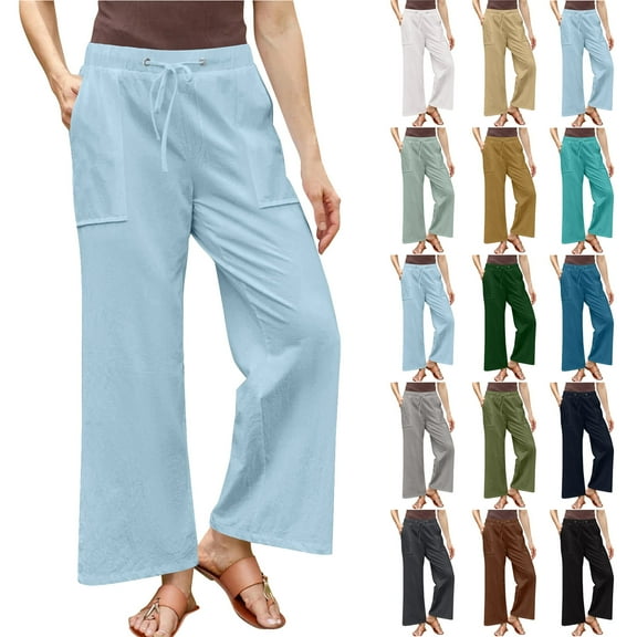 Horkkom Plus Size Pants for Women Solid Color Linen Pants with Pockets Casual Elastic Waist Drawstring Beach Pants