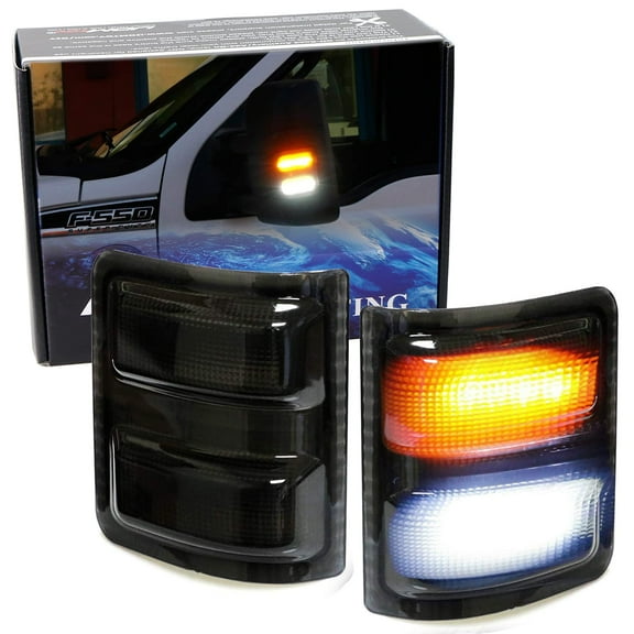 White/Amber LED Side Mirror Marker Lamps For 2008-16 Ford F250 F350 F450 Super Duty, (2) Smoked Lens, White LED Parking Light, Amber LED Turn Signal Light