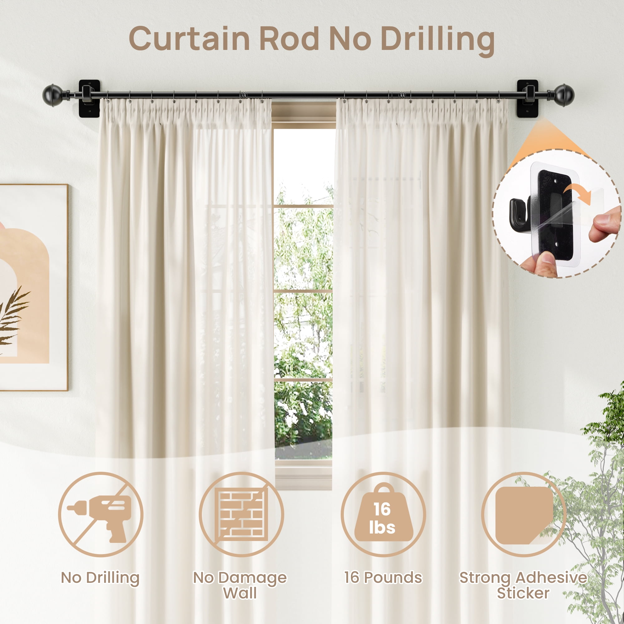 Sindcom No Drill Curtain Rods for Window 27 to 48 Inches, 5/8 Inch Diameter Renter Friendly Drapery Rod with Adhesive Brackets without Drilling, Adjustable from 27 to 52 Inches, Black