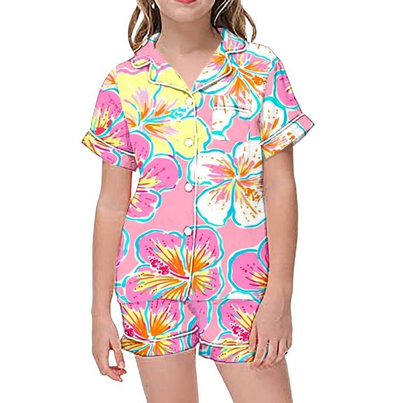 Big Summer Outfits For Girls Two Piece Short Sleeve Children Graphic Print Button Shirt Shorts Clothing Sets Size 10-11T