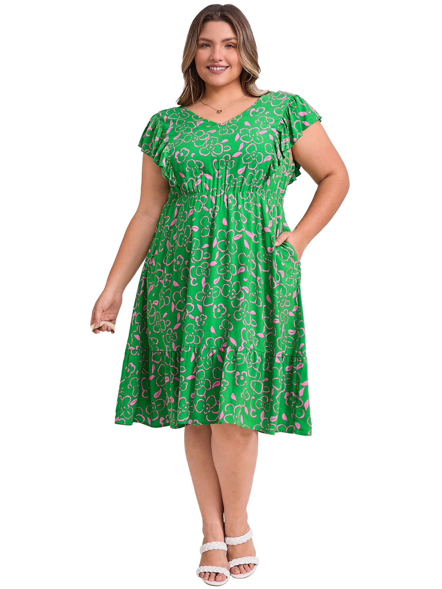 DARING DIVA Plus Size V Neck Ruffle Sleeve Knee Length Casual Dress 4X Green