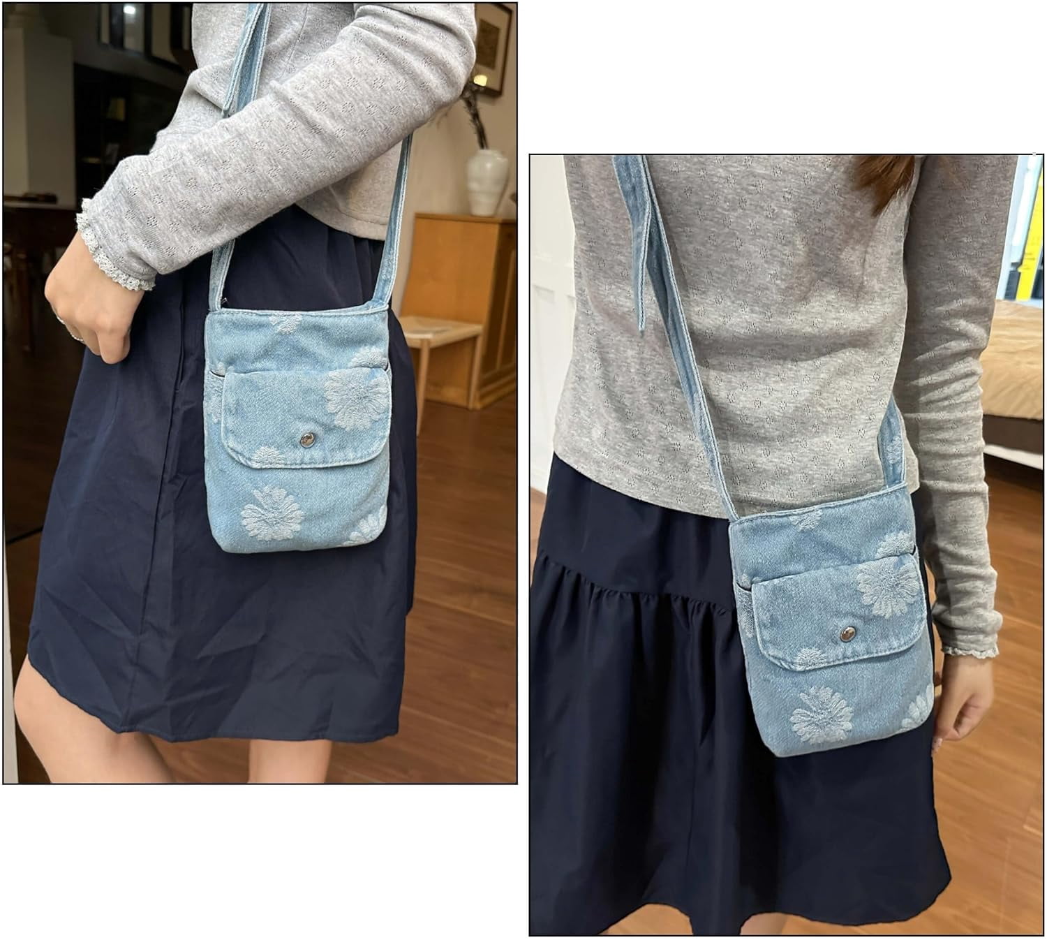 Sunyuer Women Vintage Denim Mini Crossbody Bag, Cute Daisy Floral Embroidery Cell Phone Purse, Lightweight Casual Shoulder Handbag with Adjustable Strap for Daily Travel Shopping