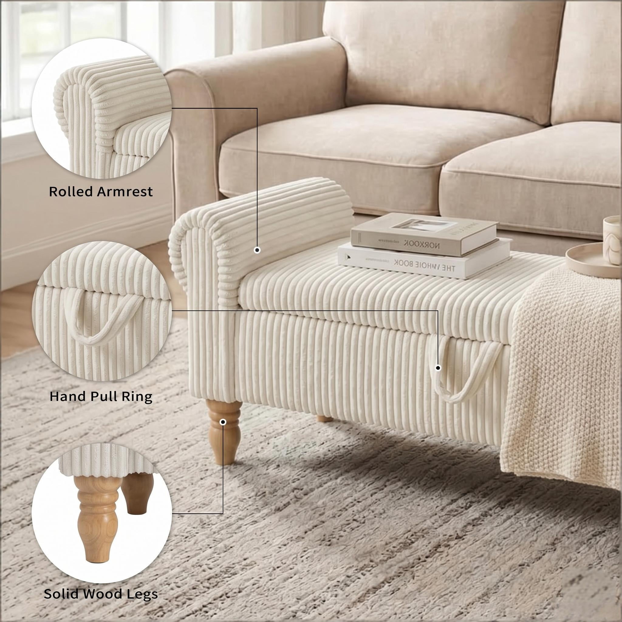 Howcool 51.5" Corduroy Storage Ottoman Bench, Upholstered End of Bed Bench for Bedroom Living Room Entryway Window Seat（White）