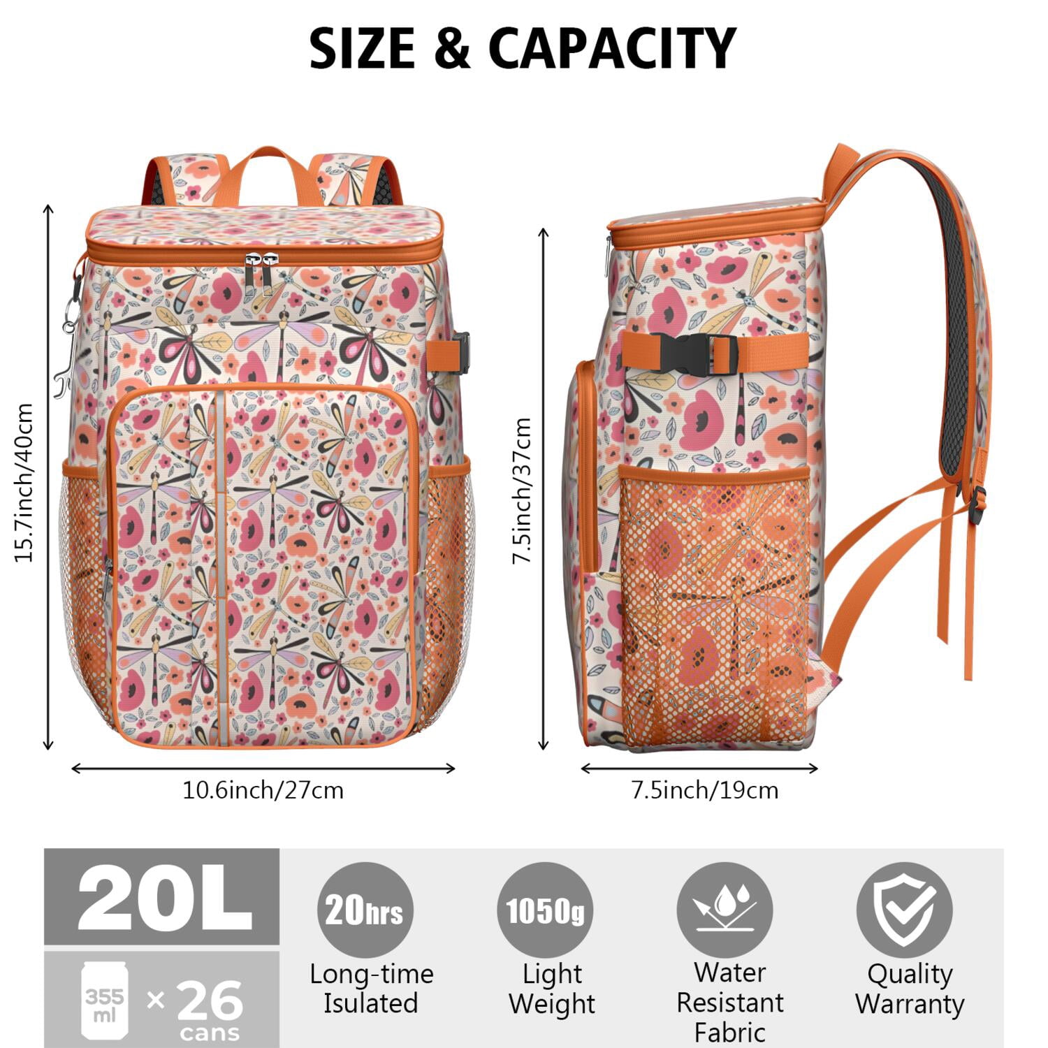 Travel Cooler Bag - Pioneer Flower Floral Print Pattern Camping Beer Cooler Backpack with Bottle Opener- Waterproof Insulated Picnic Backpacks - Cooler Bag for Beach
