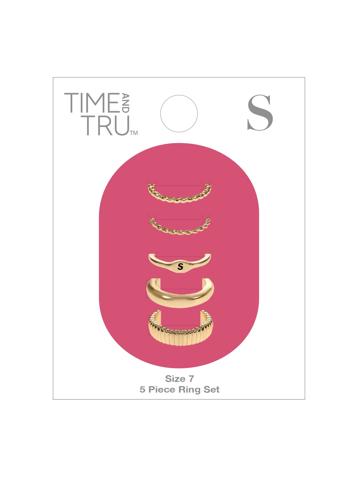 Time and Tru Silvertone Initial Ring Set, 5 Piece, Size 7, Initial S