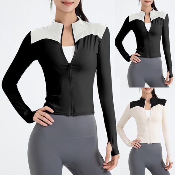 FNFYFH Womens Zip Up Yoga Jacket Color Block Long Sleeve Workout Shirts Crop Athletic Running Jackets with Thumb Holes