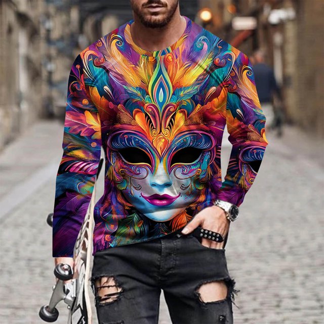 TIMIFIS Mardi Gras Chemises à Manches Longues pour Hommes Mode Carnaval Imprimé Col Rond Sim T-Shirt Tops de Fête
