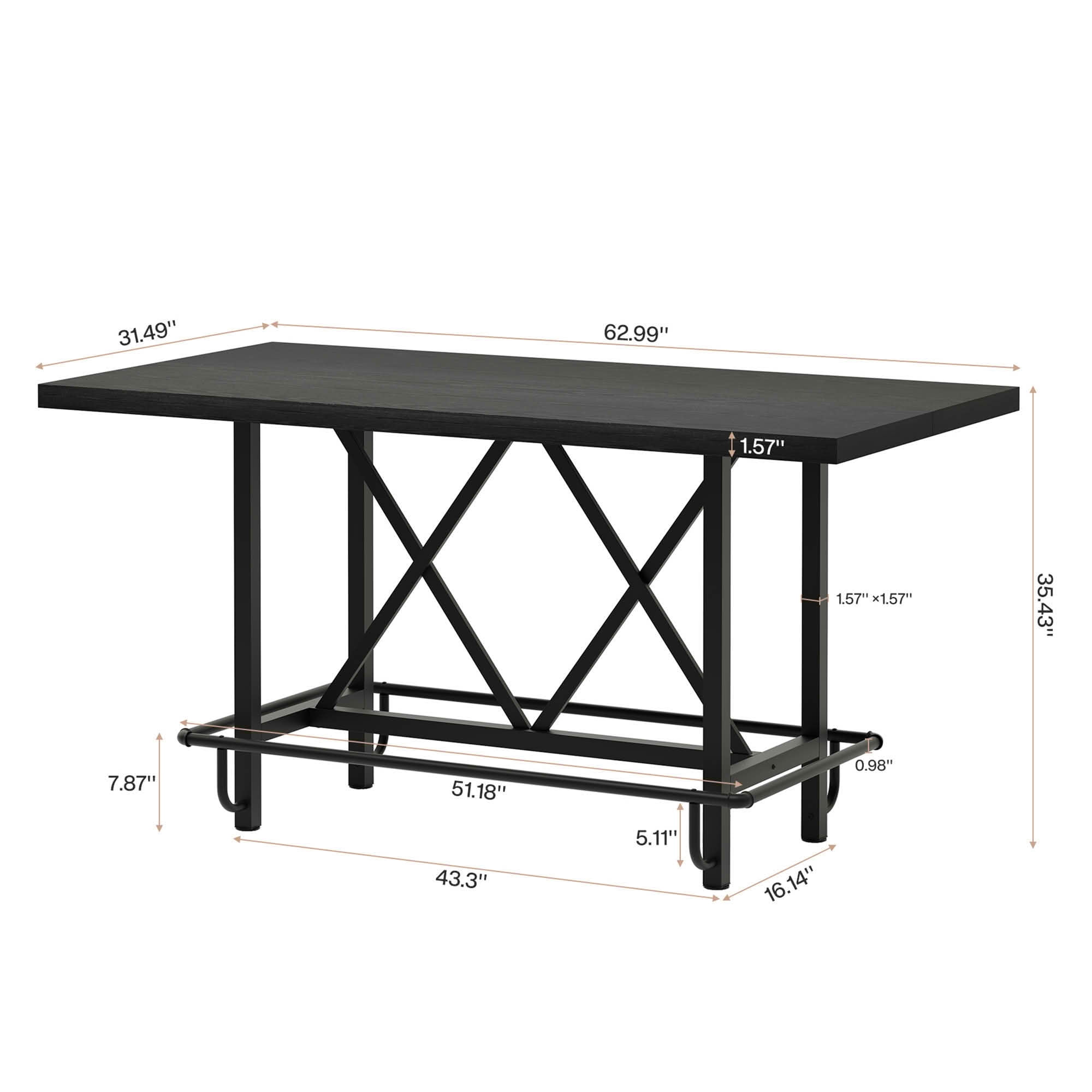 MAYEERTY 63" Farmhouse Counter Height Bar Table, Rectangular Multiuse Kitchen Dining & Work Table, Easy Assembly