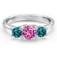 thumbnail image 3 of Gem Stone King 14K White Gold Pink Created Sapphire & London Blue Topaz 3-Stone Engagement Ring | 1.21 Cttw | Round 5MM and 4MM | Three Stone Wedding Anniversary Promise Ring for Women (Size 6), 3 of 6