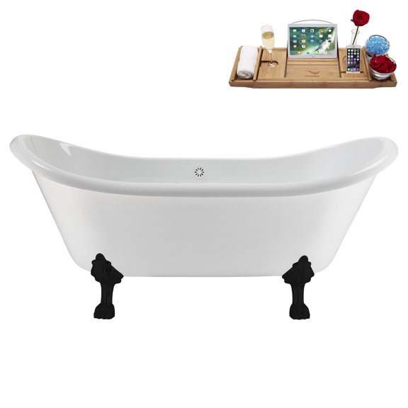 71" Streamline N5100BL-WH Soaking Clawfoot Tub and Tray With External Drain in Glossy White and Matte Black Clawfeet