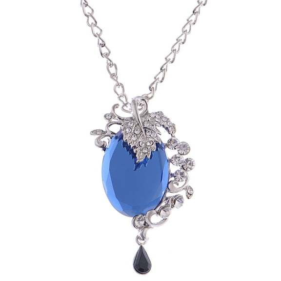 Allilang Blue Sapphire Tone Plum Dreams Rhinestone Leaves Synthetic Jet Esque Stone Chain Necklace
