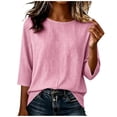 thumbnail image 4 of GERsome Women's Striped Shirts 3/4 Sleeve Crew Neck Comfy Cotton Linen Casual T-Shirts Loose Fit Hot Pink L, 4 of 6