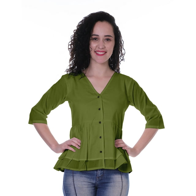 Moomaya Blouse Ethnique en Coton Peplum Col en V pour Femmes