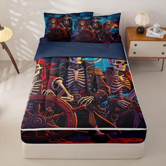 jejeloiu Ocean Adventure Art Zipper Twin Comforter Sets with Fitted Sheet and 2 Pillowcases Kids,Spooky Skeleton Print Zipper Bedding Set For Boys,Reversible,4 Pieces