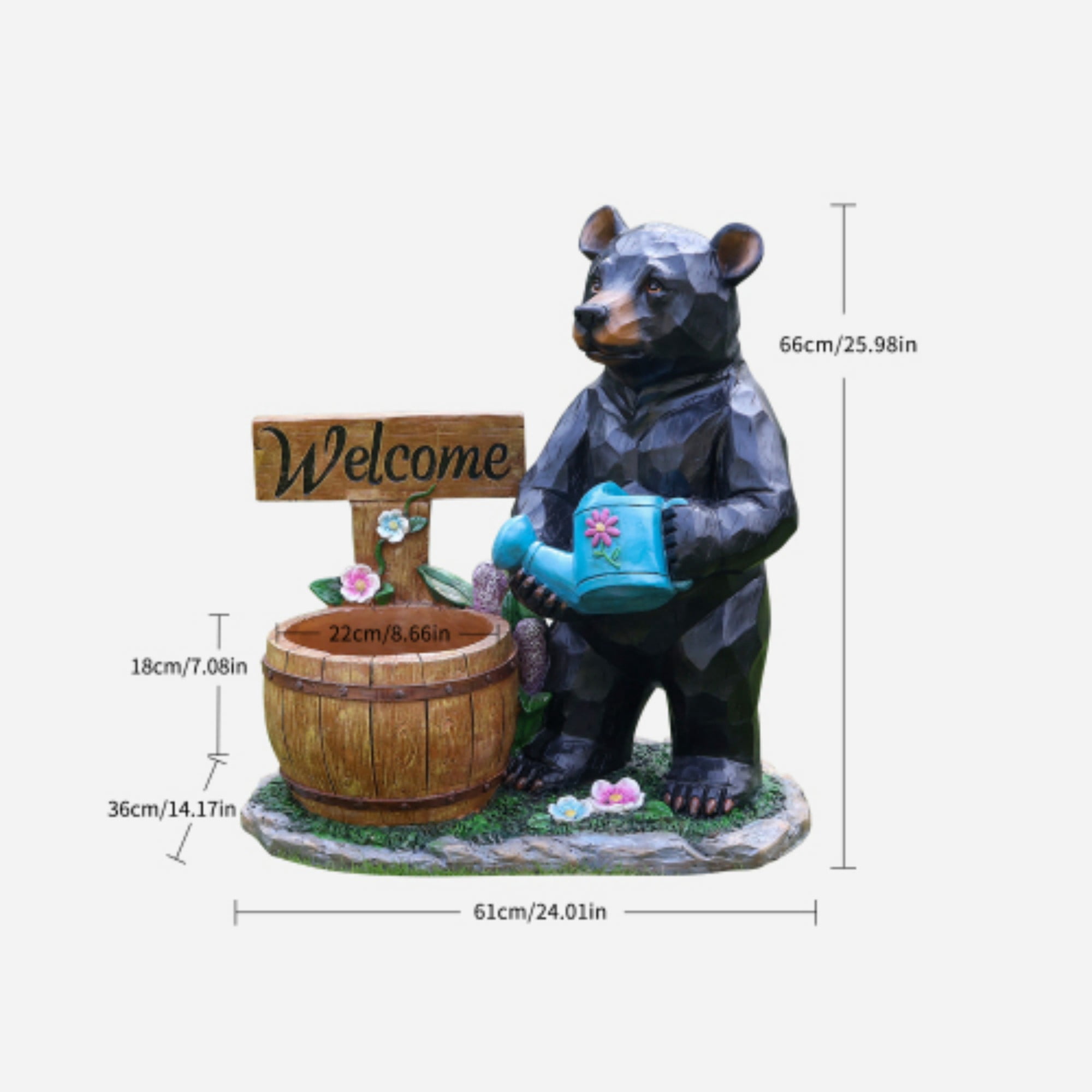 Bear Garden Statue, Black Resin Flower Pot Planter with Welcome Sign for Patio Yard