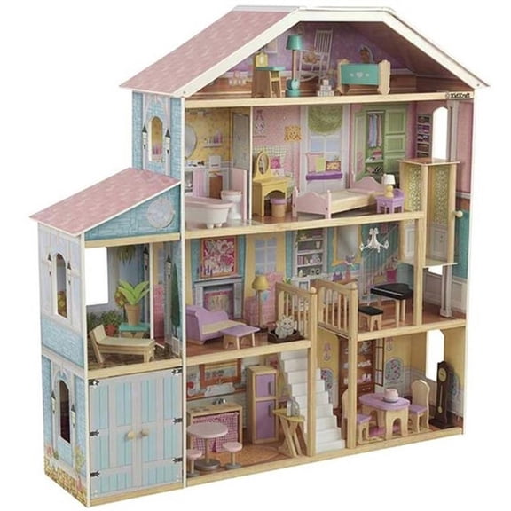 KidKraft Grand View Mansion Wooden Dollhouse with EZ Kraft Assembly™, Elevator, Garage, Attic Nursery and 34 Accessories, Gift for Ages 3 