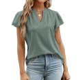 thumbnail image 1 of Camisa con ojales para mujer, volantes, manga corta, ribete con volantes, cuello en V, Color puro, camisa para mujer, Top para primavera y verano, verde, XXL, 1 of 6