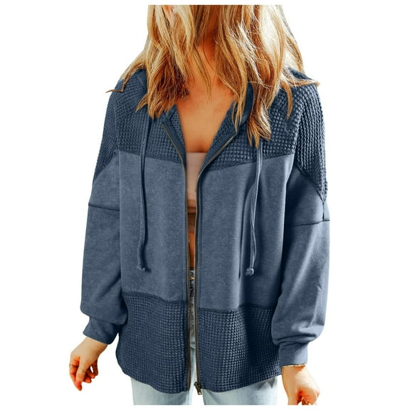 Womens Long Sleeve Shirts Fall Winter Comfy Hooded Cap Cold Shoulder Zip Up Solid Color Leisure Polyester Hoodies Sweatshirts(Blue,XL)
