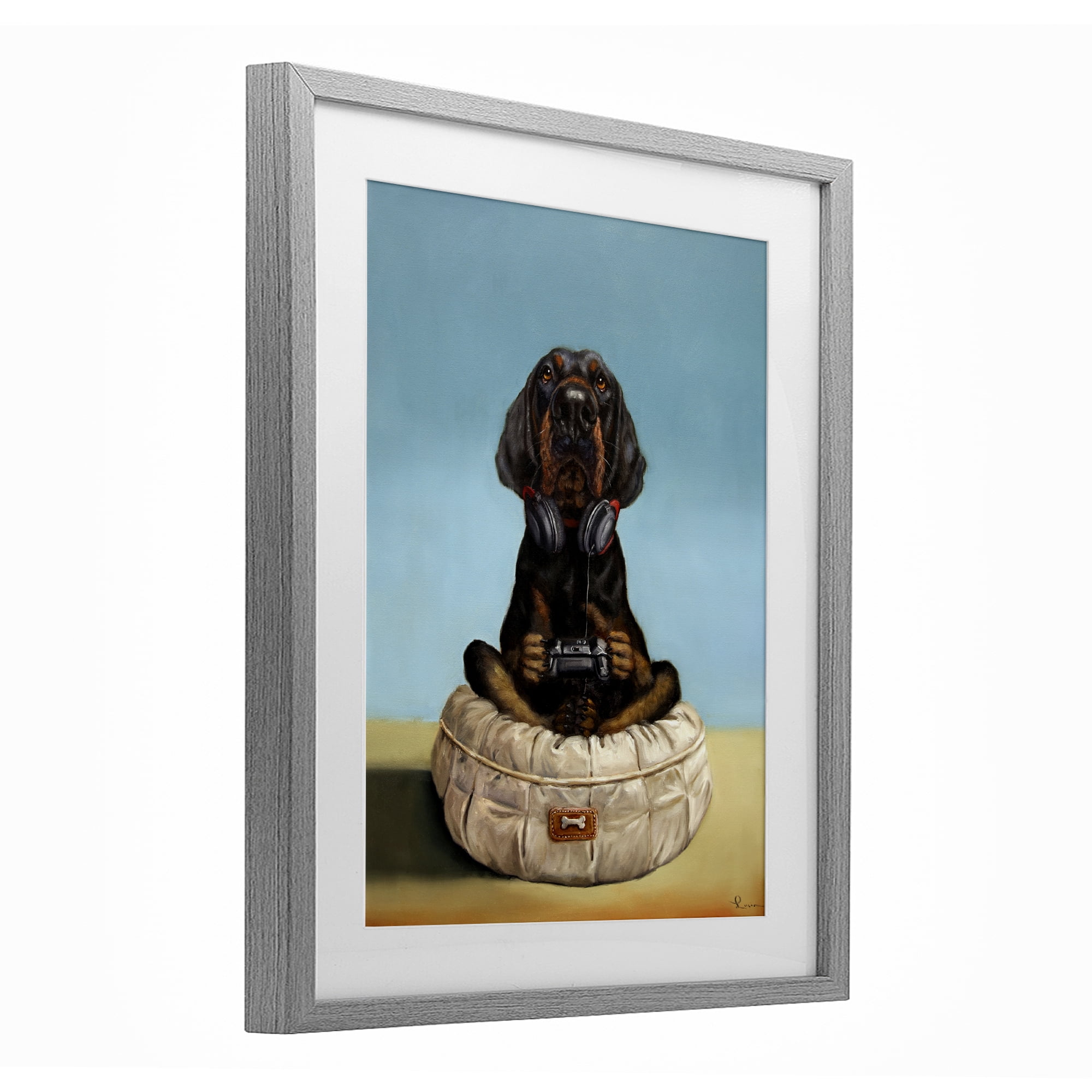 Stupell Industries Game Boy Playing Dog Gray Framed Print Under Glass, design by Lucia Heffernan